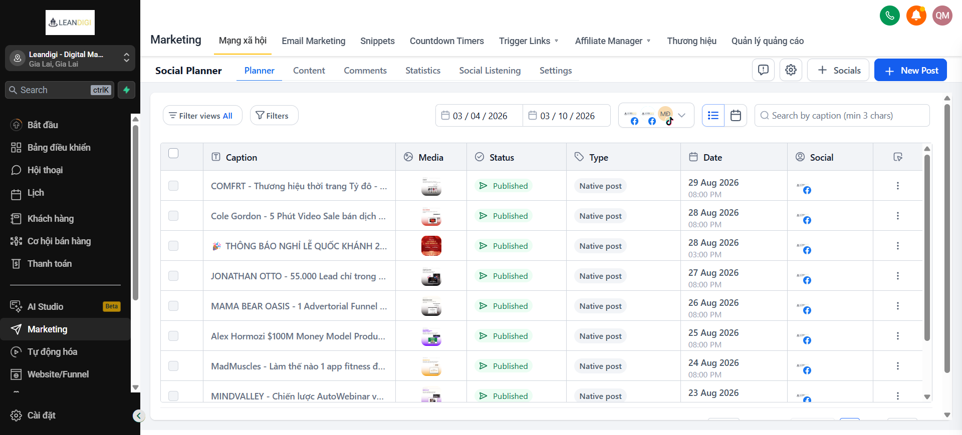 Giao diện Marketing Hub của Leandigi AI