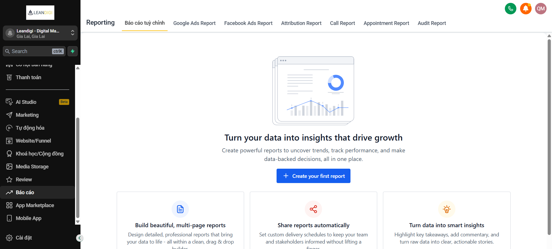 Giao diện báo cáo và tối ưu hiệu quả trên Leandigi AI