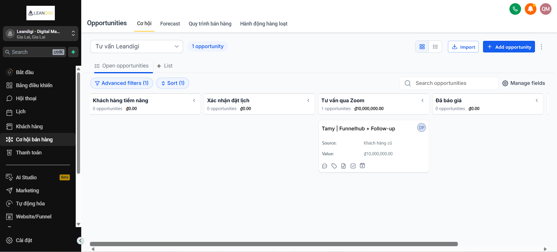 Giao diện quản lý cơ hội bán hàng của Leandigi AI